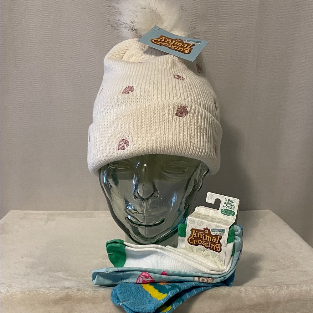 NEW Animal Crossing Ankle Socks Trio & Pom beanie